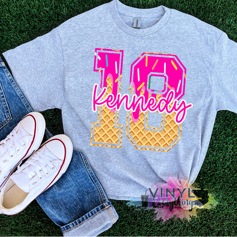 Custom Pink Ice Cream Drip with Name and Number