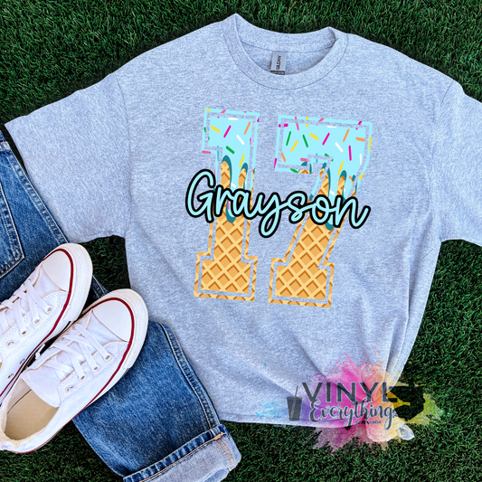 Custom Blue Ice Cream Drip with Name and Number